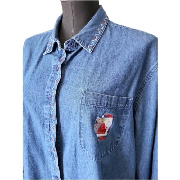 Vintage Denim Button-Up Shirt with Embroidered Santa Sz XL - Picture 3 of 11